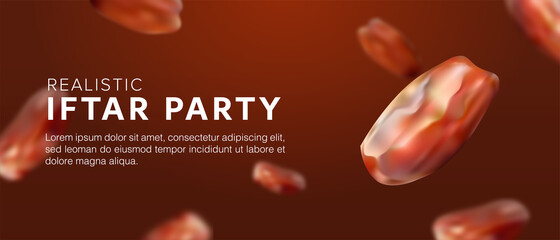 Ramadan Kareem iftar party Wallpaper design template with realistic 3d illustration of dates fruit floating or falling. Happy muslim holiday background 