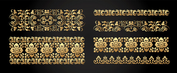 Set of seamless golden borders for page decoration, frame, fabric, tattoo etc