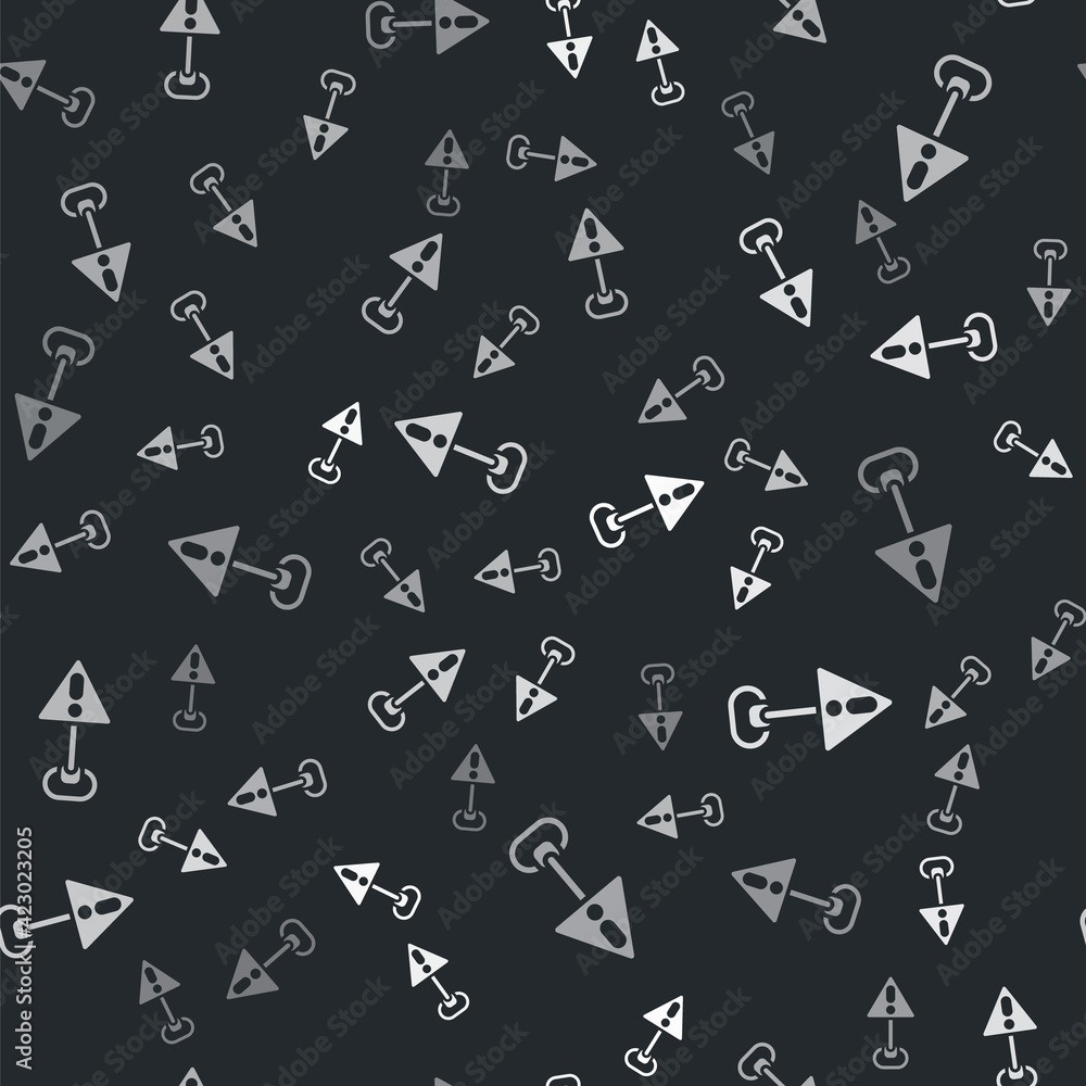 Poster grey exclamation mark in triangle icon isolated seamless pattern on black background. hazard warning