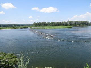 Roll on a troubled river. Strong river flow. Trees on the island on the background. Small clouds in the sky