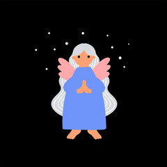 Cute little angel with pink wings on the dark background.