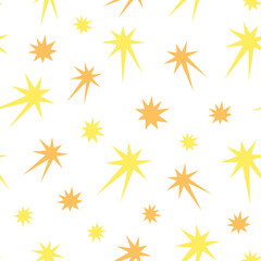 Cute seamless pattern with stars, comets. Children's texture with yellow and orange stars on a white background. Can be used as wallpaper, for wrapping paper, as a print, for fabrics and textiles
