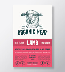 Organic Meat Abstract Vector Packaging Design or Label Template. Farm Grown Steaks Banner. Modern Typography and Hand Drawn Sheep or Lamb Head Silhouette Background Layout with Soft Shadow