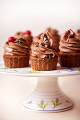 chocolate cupcakes with chocolate cream cheese on a light background.