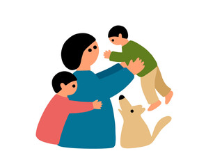 Happy mother with two children and cute pet dog.