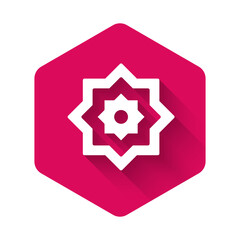 White Islamic octagonal star ornament icon isolated with long shadow background. Pink hexagon button. Vector