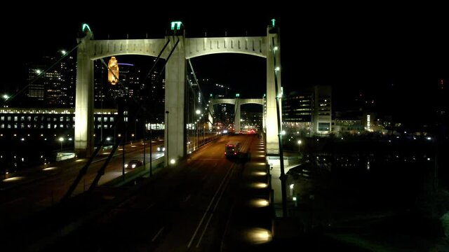 Hennepin Avenue bridge aerial footage at night, Minneapolis Minnesota