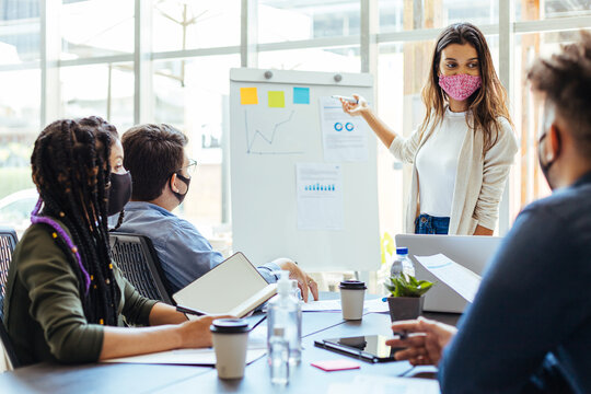 Business team wearing protective masks while meeting in the office during the COVID-19 epidemic. Woman presenting project to colleagues