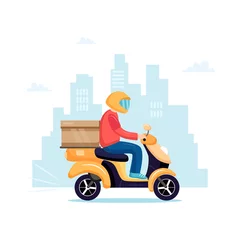 Foto op Plexiglas Scooter delivery. Delivery service with scooter motorcycle and cardboard boxes on city background. Delivery service concept. Illustration in flat style © iryna_boiko