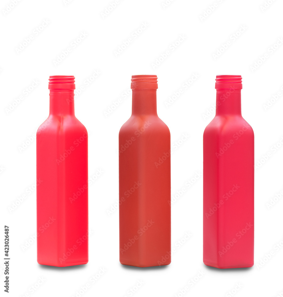 Poster bottles of red matt glass solated on white background with shadows, clipping path for isolation with