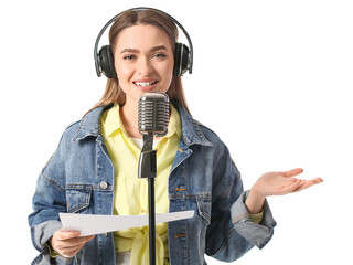 Female radio presenter with microphone on white background