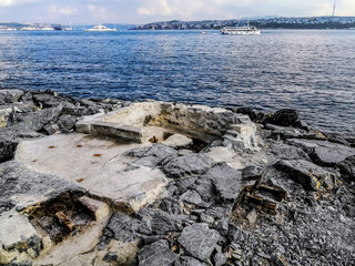 Fishing buildings on the embankment of the Bosporus in Istanbul (Turkey). Homemade picnic and...