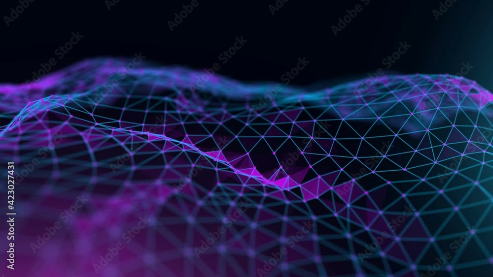 Poster blue blockchain technology animation. network connection structure and information technology concep