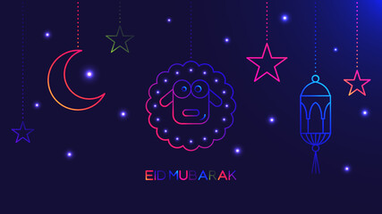 Abstract background with glowing neon colored sheep, stars, moon and islamic lantern