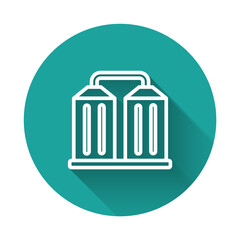 White line Granary icon isolated with long shadow background. Silo with grain, elevator, granary, factory. Warehouse of grain crops. Green circle button. Vector
