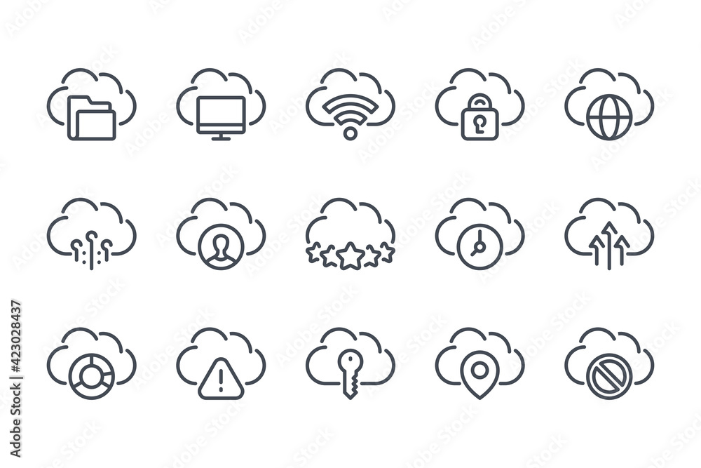 Poster cloud technology and server data service line icon set. cloud computing system and network linear ic