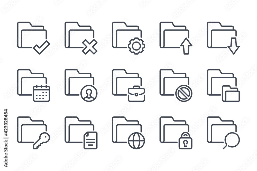 Poster folder and file management line icon set. archive settings linear icons. document organization outli