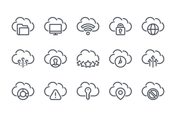Fototapeta premium Cloud technology and server data service line icon set. Cloud computing system and Network linear icons. Online storage and hosting outline vector sign collection.