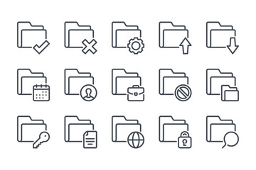 Folder and file management line icon set. Archive settings linear icons. Document organization outline vector sign collection.