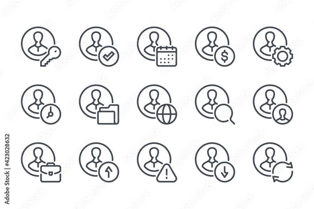 Poster account and user profile settings line icon set. avatar with options linear icons. customer profile 