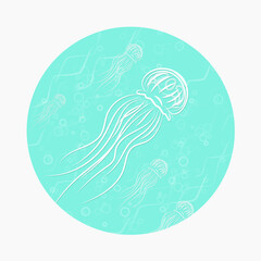 Medusa (Jellyfish) in a turquoise circle. Marine vector illustration. Clipart EPS 10 in the form of a ready-made icon. For websites of seafood restaurants.