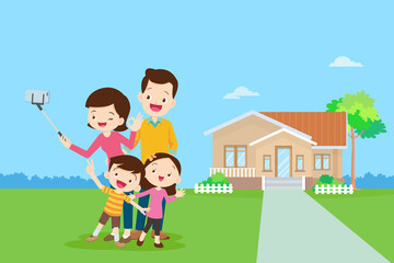 Obraz na płótnie Canvas Happy Family Making Selfie background of home