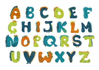  Dino alphabet Vector funny comic letters in cartoon style. Cute dinosaur abc illustration for kids, nursery, poster, card, birthday party, packaging paper design, baby t-shirts. Animal doodle font. © Iryna Danyliuk
