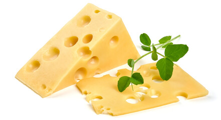 Emmental cheese, Swiss cheese, isolated on white background. High resolution image