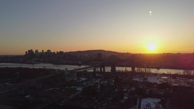 Aerial view of Montreal city over the jaque cartier bridge