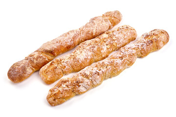 Freshly baked baguette, Italian bread, isolated on white background. High resolution image