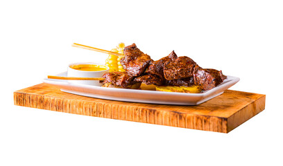 Peruvian Anticucho, Anticuchos, Peruvian cuisine, grilled beef heart with potato and corn