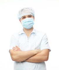 healthcare, profession and medicine concept - doctor or male nurse in white uniform, face protective medical mask for protection from virus disease and gloves over white background