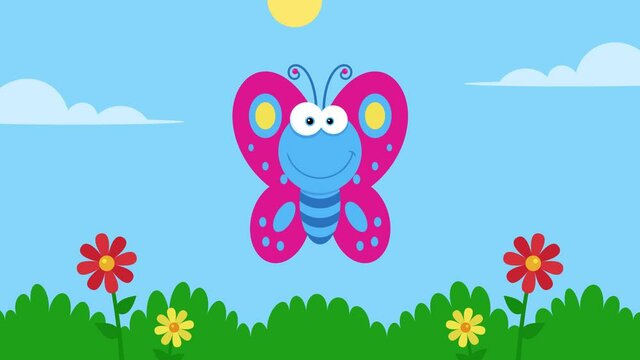 Blue Butterfly Cartoon Character Flying. 4K Animation Video Motion Graphics With Landscape Background 