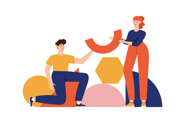 Teamwork, coworking, business partnership concept flat illustration. Characters with abstract geometrical shapes. Diverse people working together. Men and women organize abstract geometric figures
