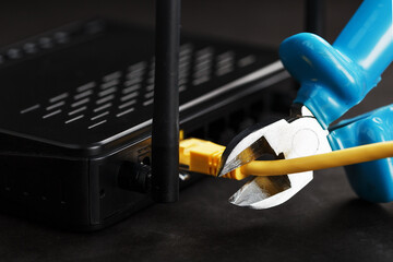 Tearing and cutting with blue wire cutters the network connection of the yellow wire of the...