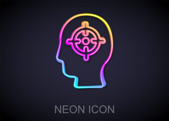Glowing neon line Head hunting icon isolated on black background. Business target or Employment sign. Human resource and recruitment for business. Vector