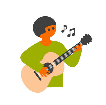 Young man playing the guitar and singing a song. Vector art.