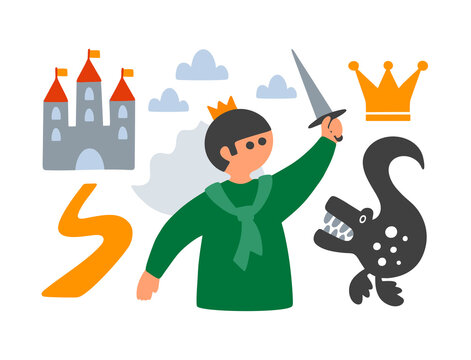 Cute prince fighting the dragon with sword. Vector set of fairytale images.