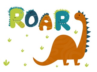 Dinosaur Hand drawn cute vector scandinavian lettering. Dino. Great design for t-shirt, logo, kids apparel, invitation, poster, print.