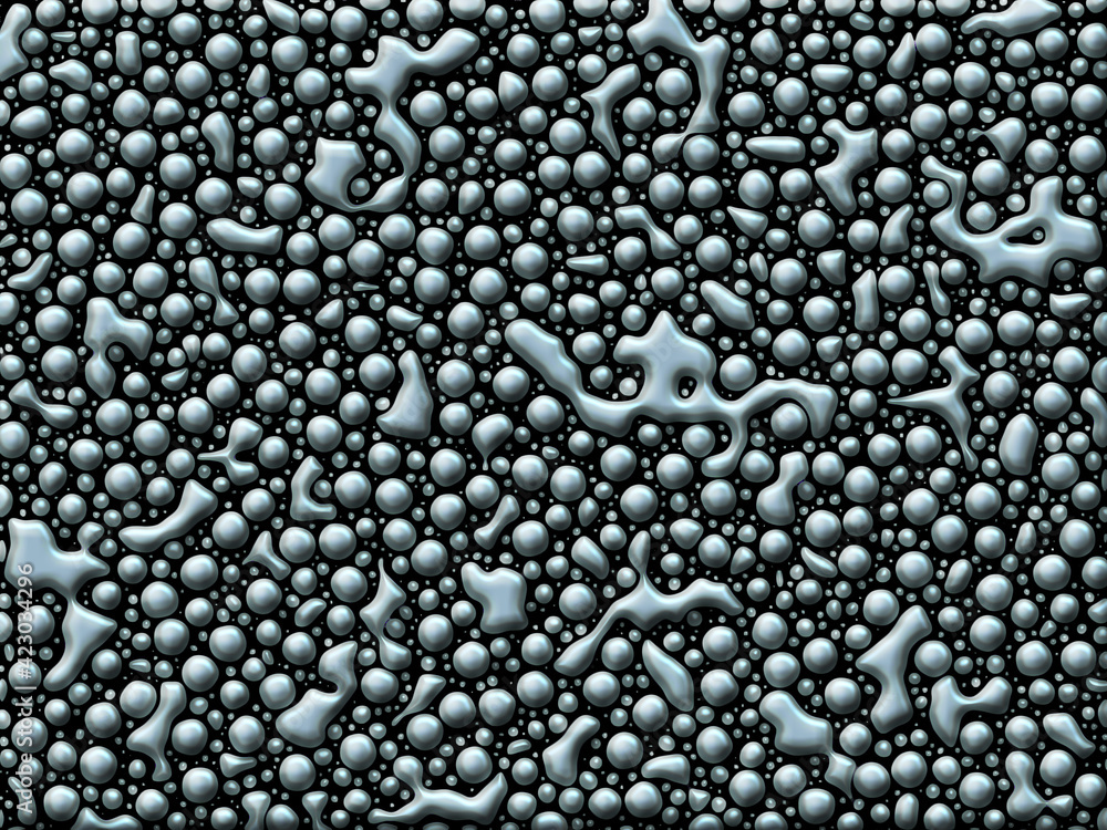 Poster abstract of molten metallic blobs on a black background with 3d effect