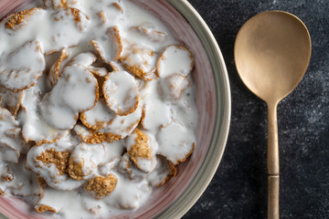 Whole grain glazed flakes with yogurt in plate. Healthy breakfast, whole grain muesli in a bowl
