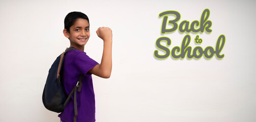 Young indian kid feeling happy while going back to school. Back to school after corona virus concept