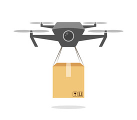 Drone delivering cardboard box. Daily delivery. Robot carrying carton box, airmail concept. Professional drone device, aircraft. Flat design