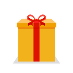Yellow flat present box with red bow. Vector illustration