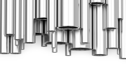 Vertical metal pipes on white. 3d illustration 