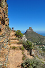 Table mountain hiking trail and view of Lion's head on the left, Cape town, South Africa