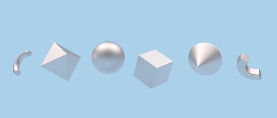 A row of silver geometric shapes from spheres and cubes and pyramids on blue. 3d illustration 