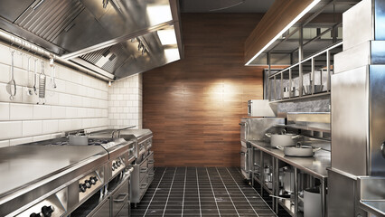 Restaurant kitchen interior with equipment. 3d illustration - 423036016