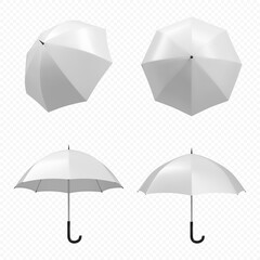 Vector realistic white blank umbrella set isolated on transparent background.