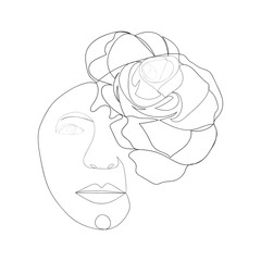 Woman face with flowers one line drawing. Half of the face is a flower. Continuous line drawing art. Nature cosmetics.